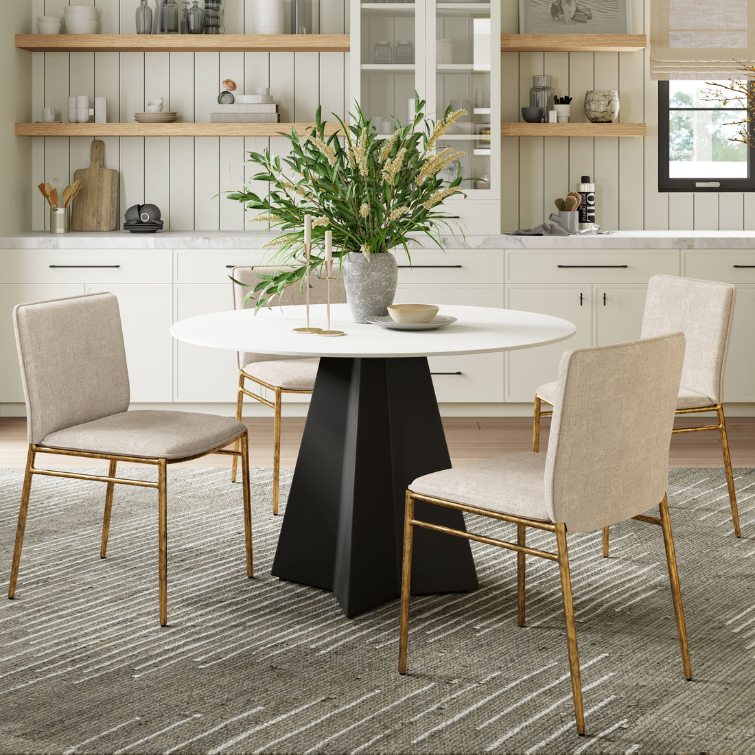 gray canvas accent table in a minimalist dining room setting