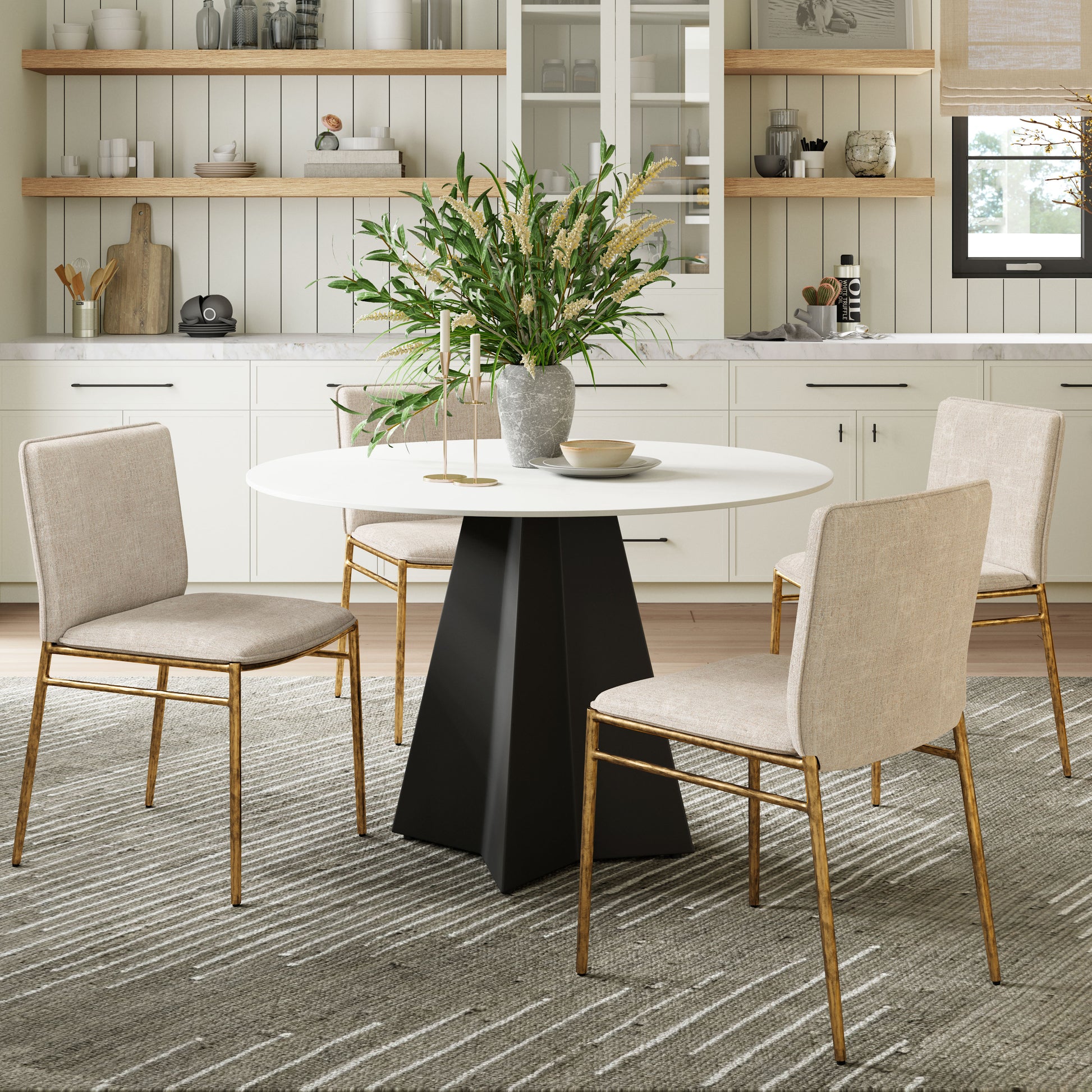 gray canvas accent table in a minimalist dining room setting