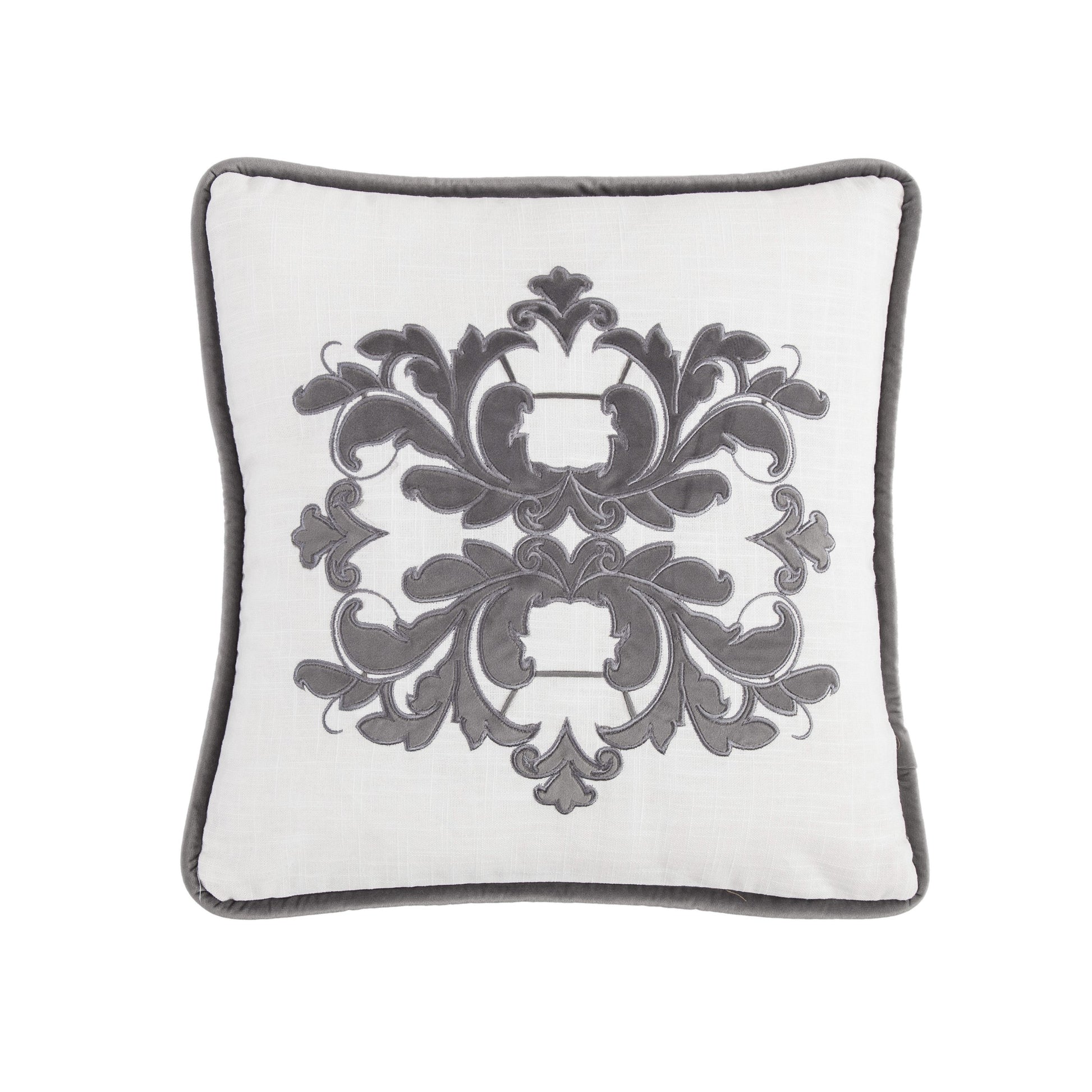 Decorative pillow with gray floral pattern on a white background