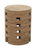 Wooden mado side table with circular design on a white background