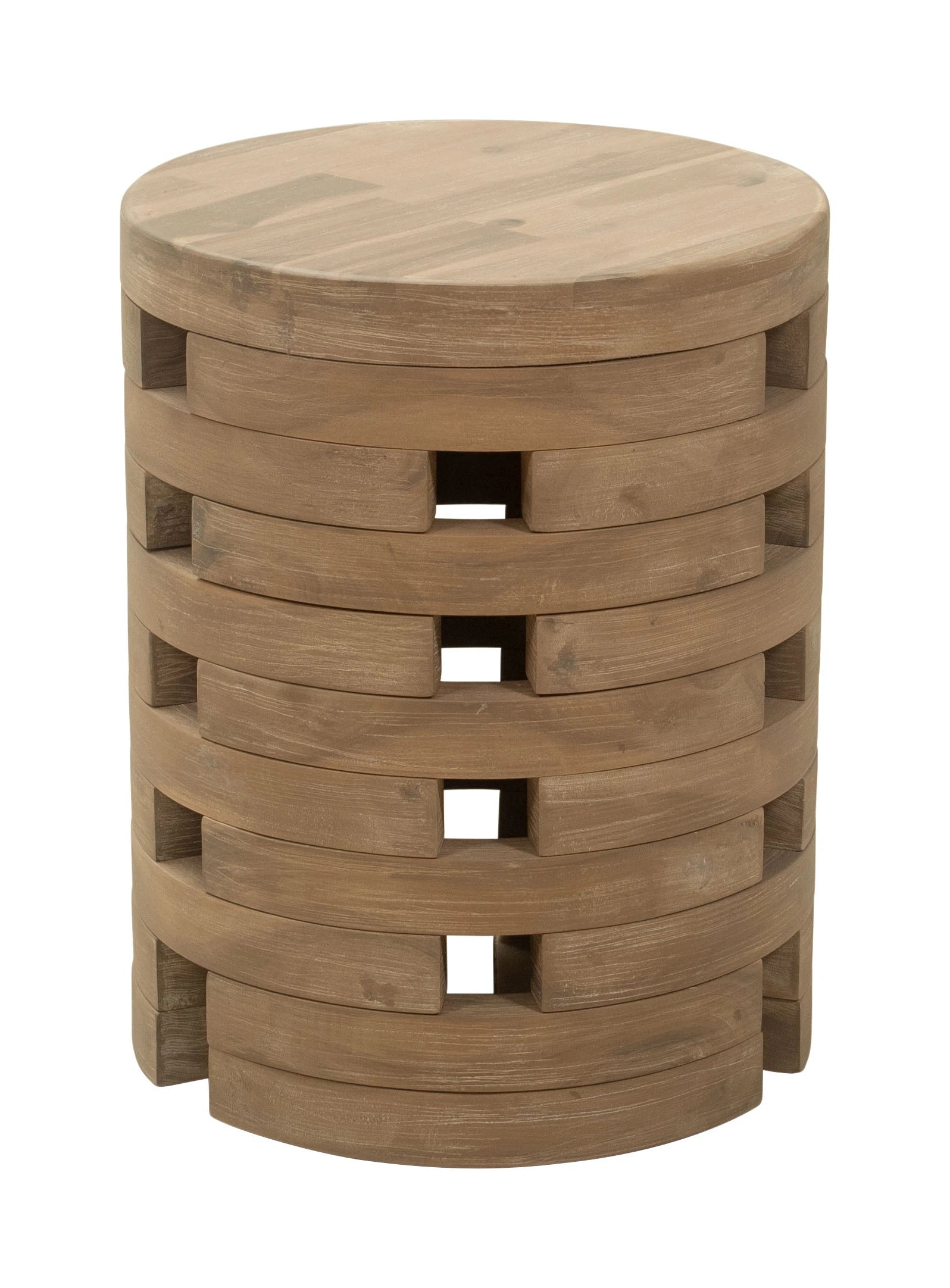 Wooden mado side table with circular design on a white background