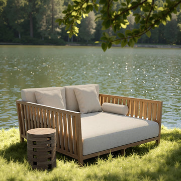 Wooden outdoor sofa with beige cushions with mado side table natural by a lake