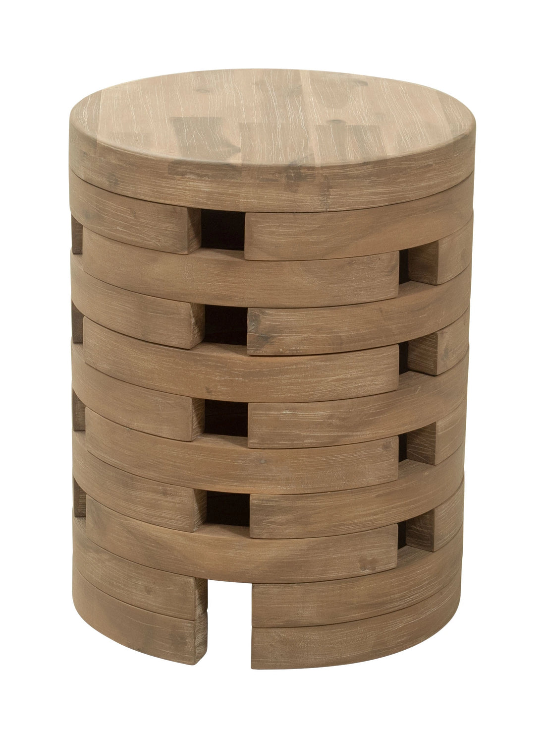 Wooden outdoor sofa with beige cushions with mado side table natural by a lake
