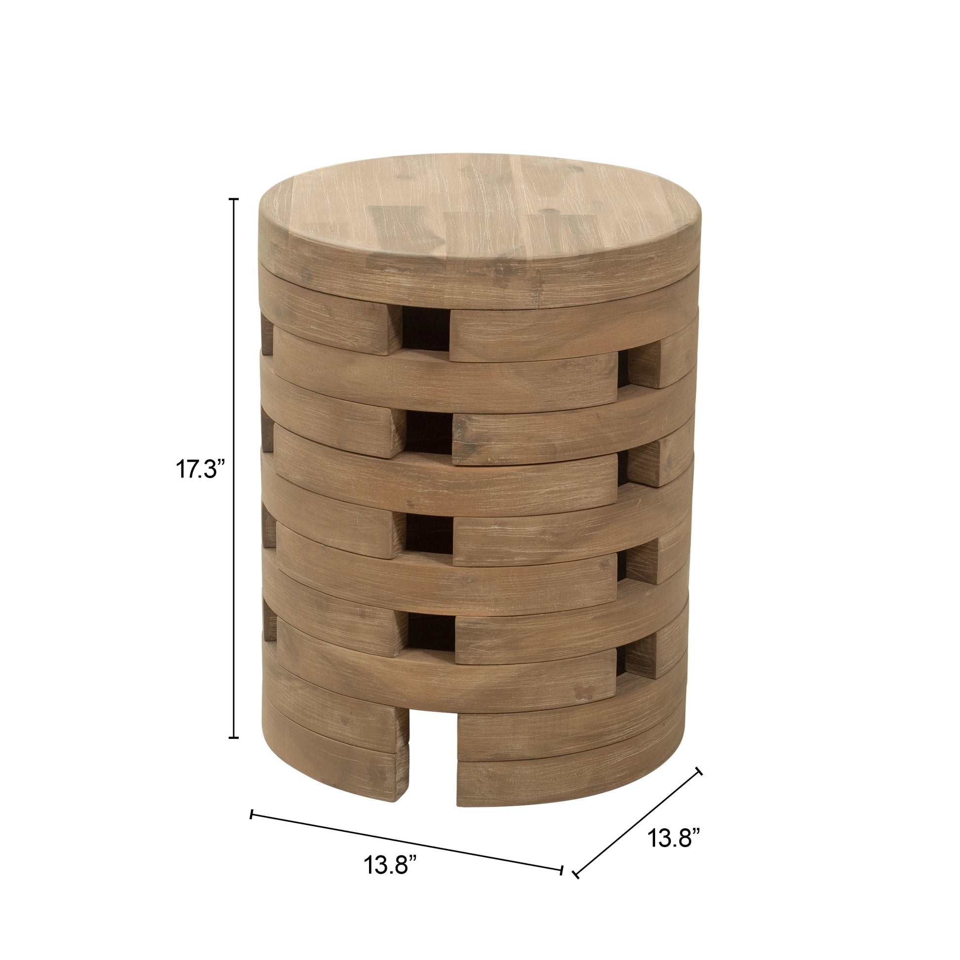 Wooden mado side table natural with dimensions labeled on a white background
