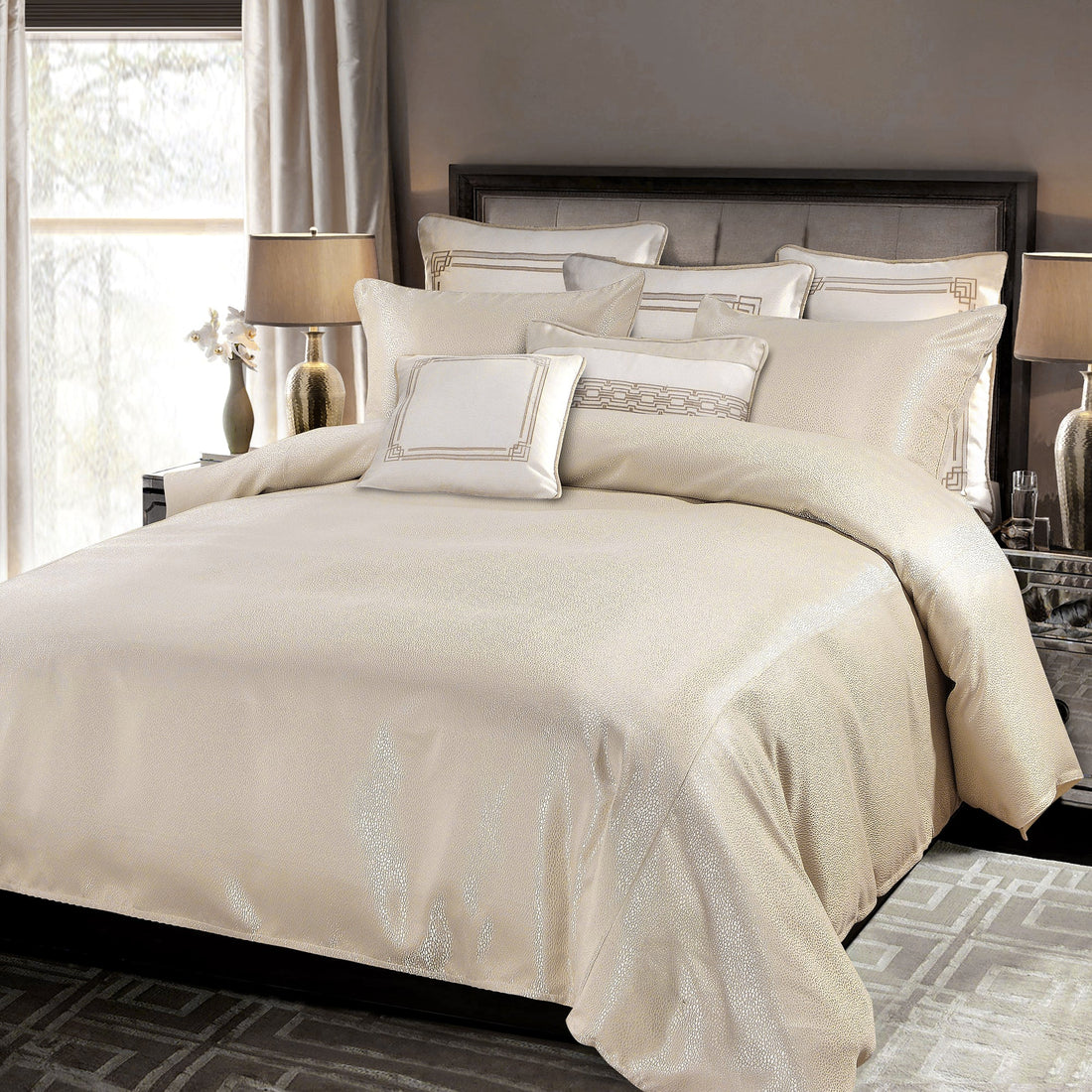 walnut linen comforter set styled in a coastal elegant dining room