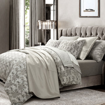 walnut linen comforter set styled in a coastal elegant dining room
