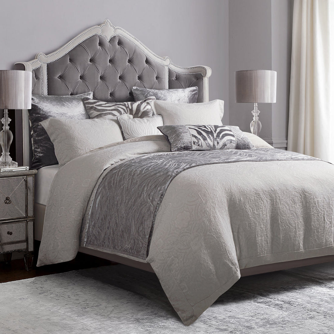 oak marble duvet cover styled in a transitional serene master suite