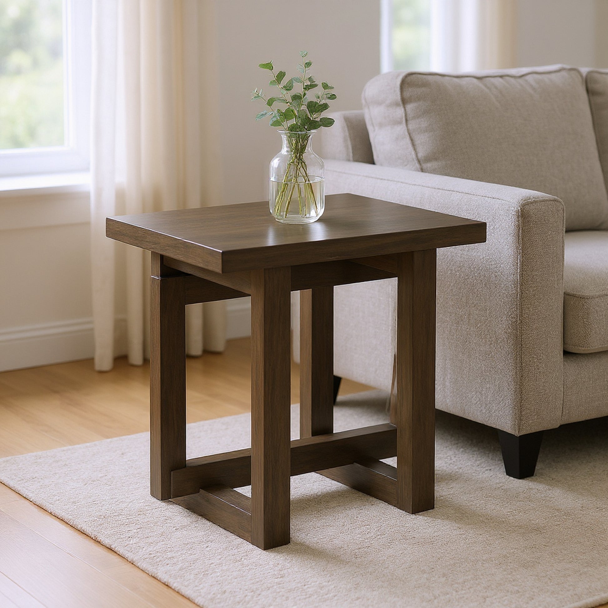 beige plush accent table in a contemporary cozy bedroom setting