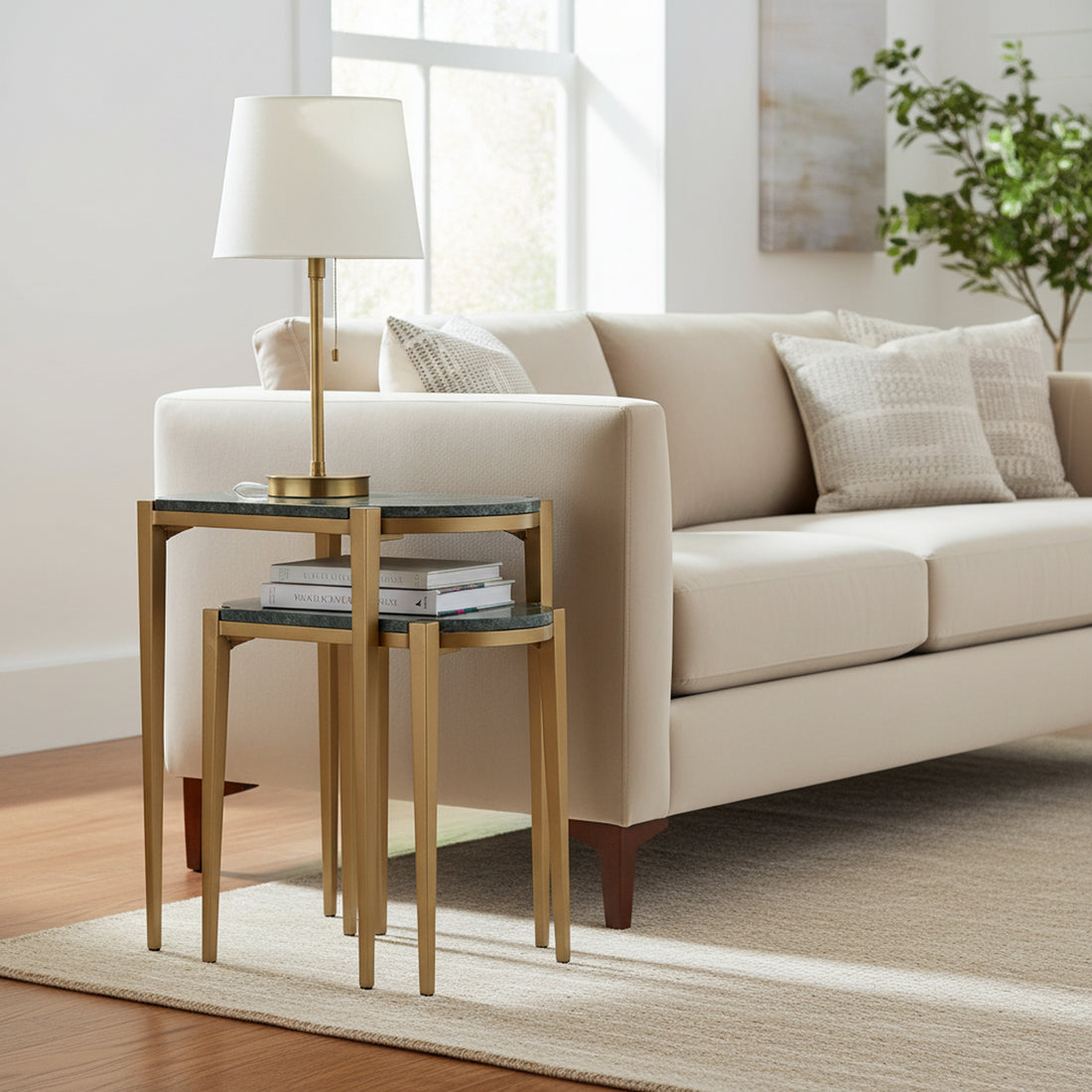 natural velvet accent table in a minimalist dining room setting