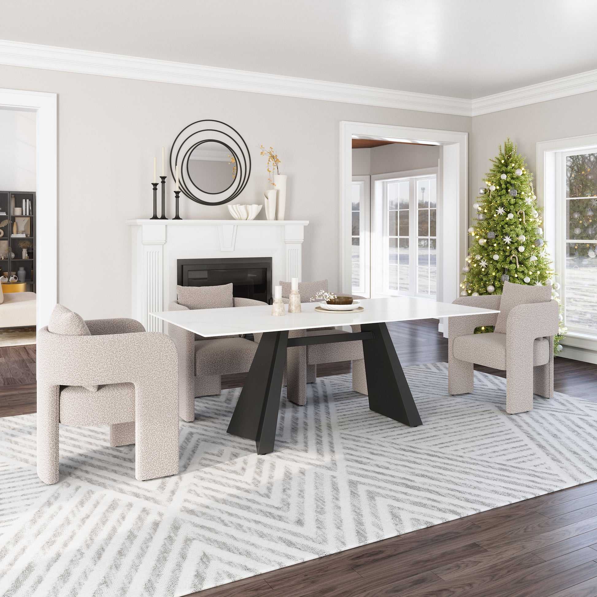 earth-toned fabric accent table in a transitional living room setting
