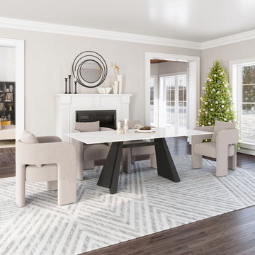 earth-toned fabric accent table in a transitional living room setting