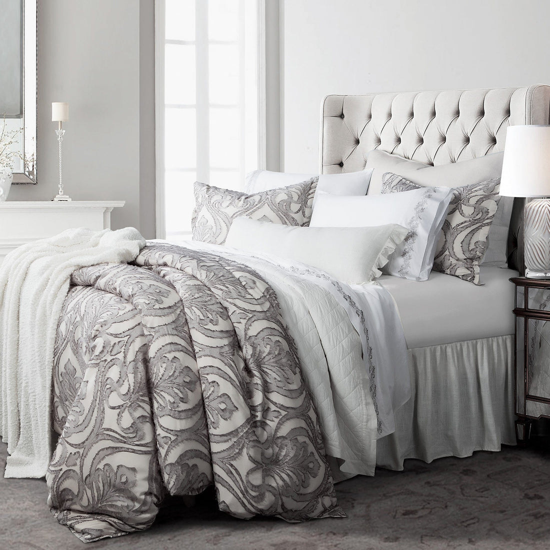 neutral linen duvet cover styled in a minimalist elegant dining room