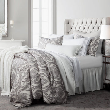 neutral linen duvet cover styled in a minimalist elegant dining room