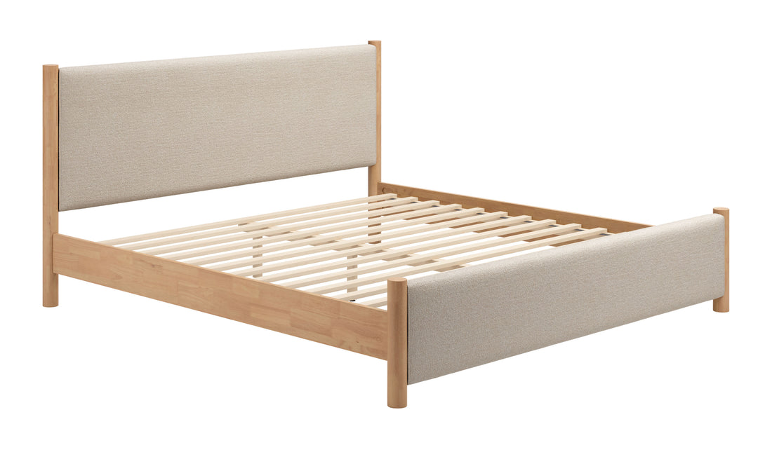 oak marble bed frame styled in a transitional serene master suite