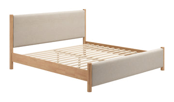 oak marble bed frame styled in a transitional serene master suite