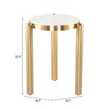 Small round noan side table with marble top and gold legs, shown with dimensions on a white background.