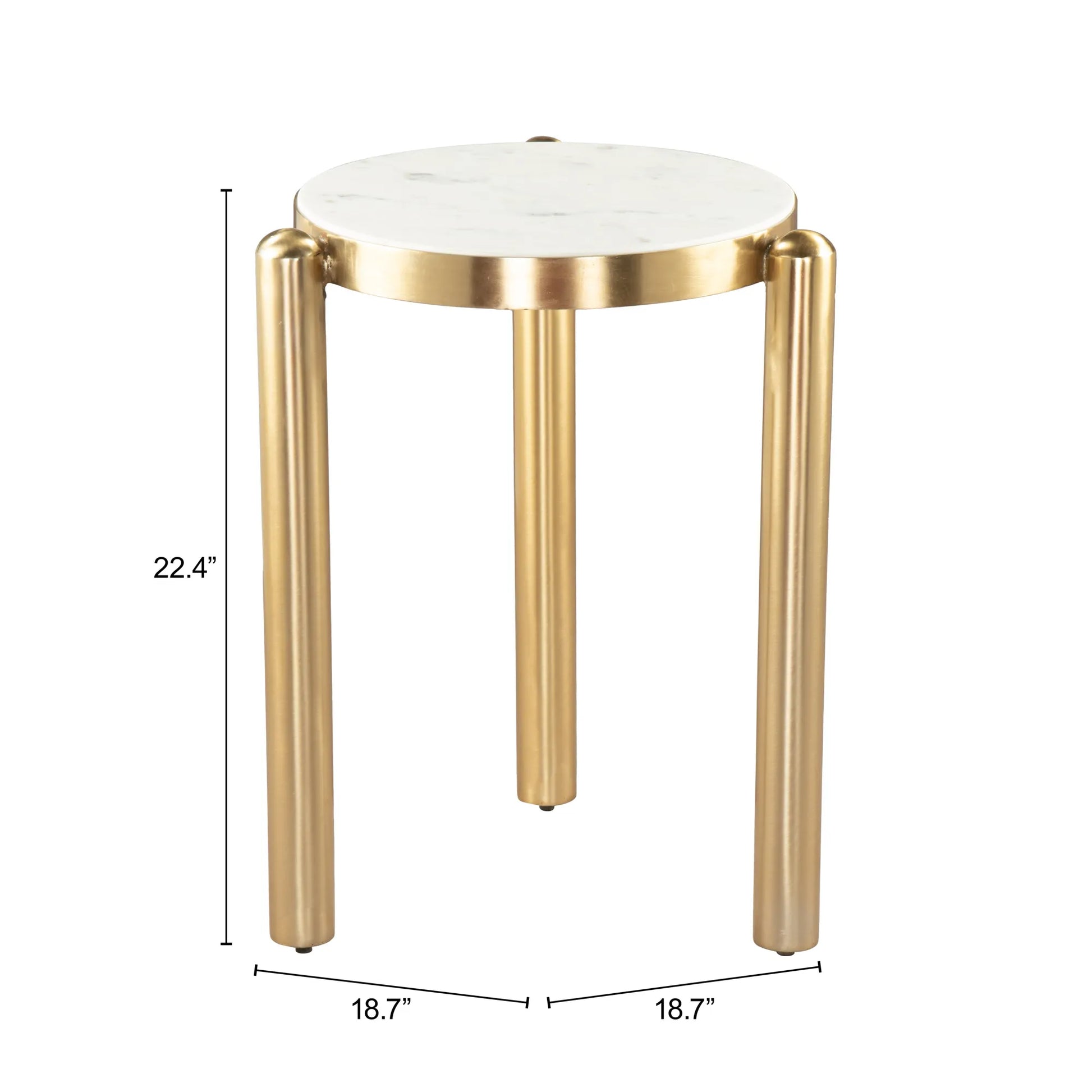 Small round noan side table with marble top and gold legs, shown with dimensions on a white background.