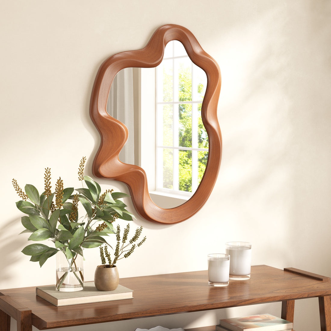 ivory cotton decorative mirror in a refined master bedroom setting