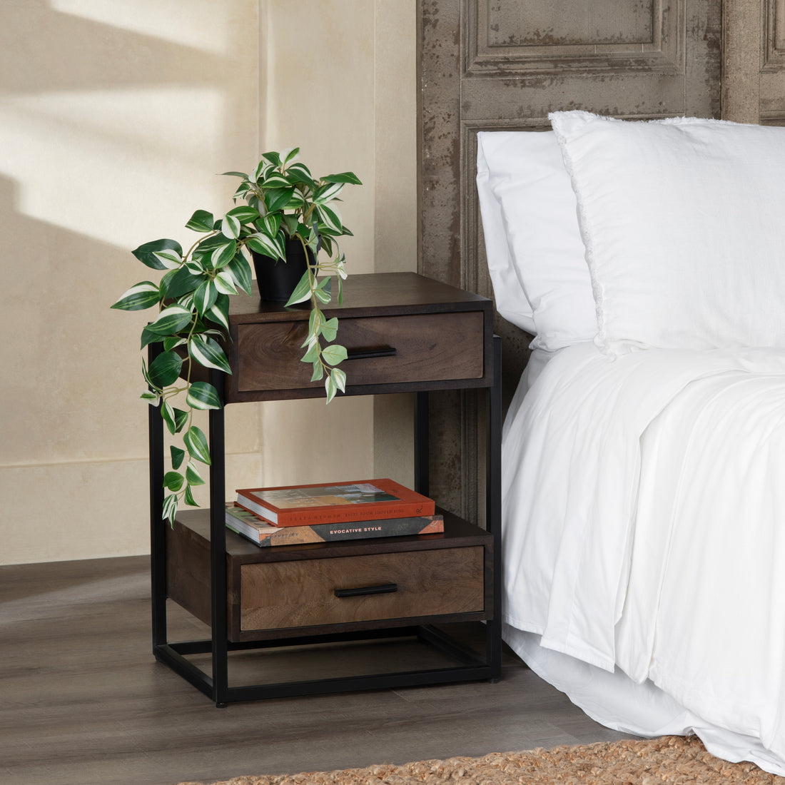 warm-toned soft accent table in a elegant modern bedroom setting