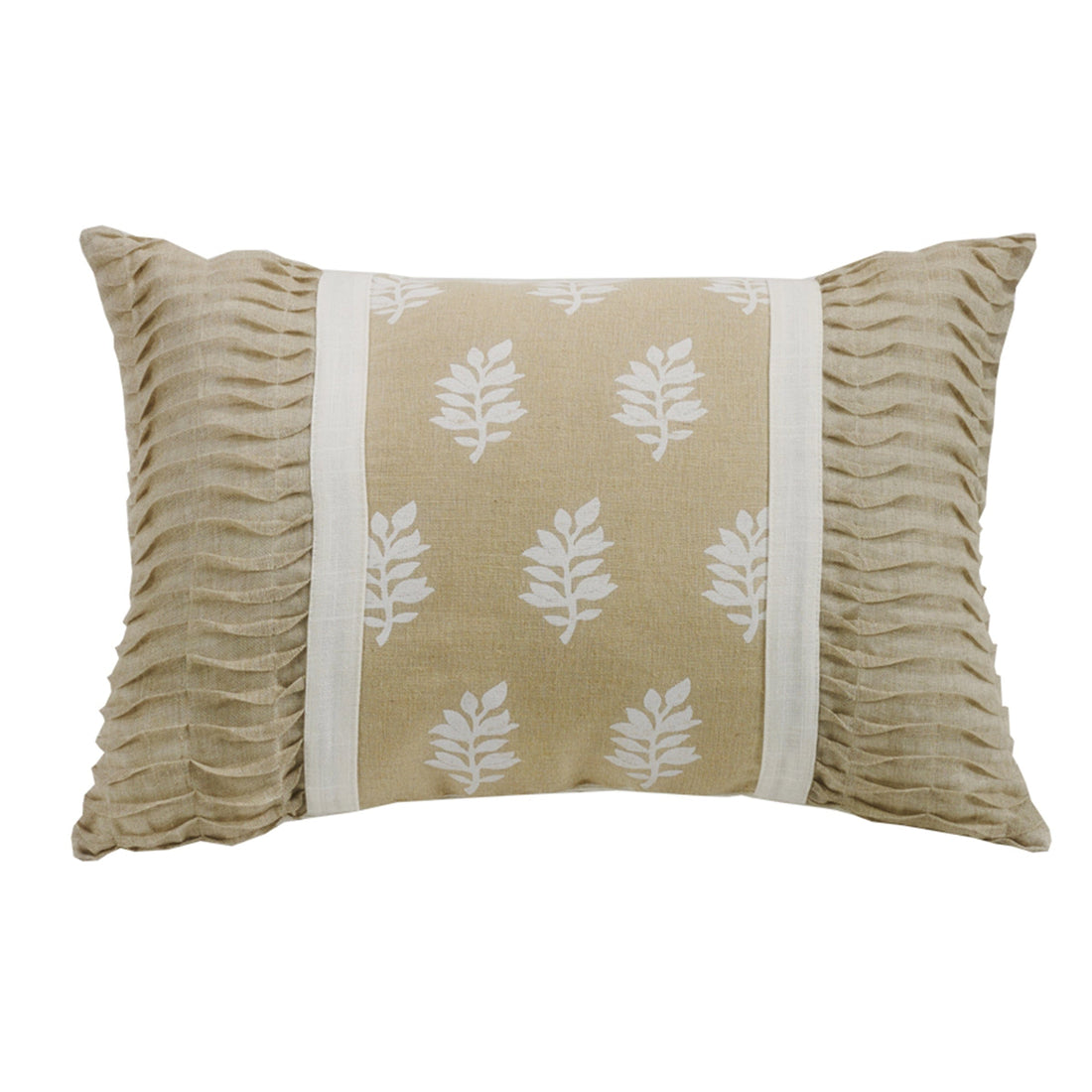 cream woven decorative pillow in a farmhouse cozy bedroom setting