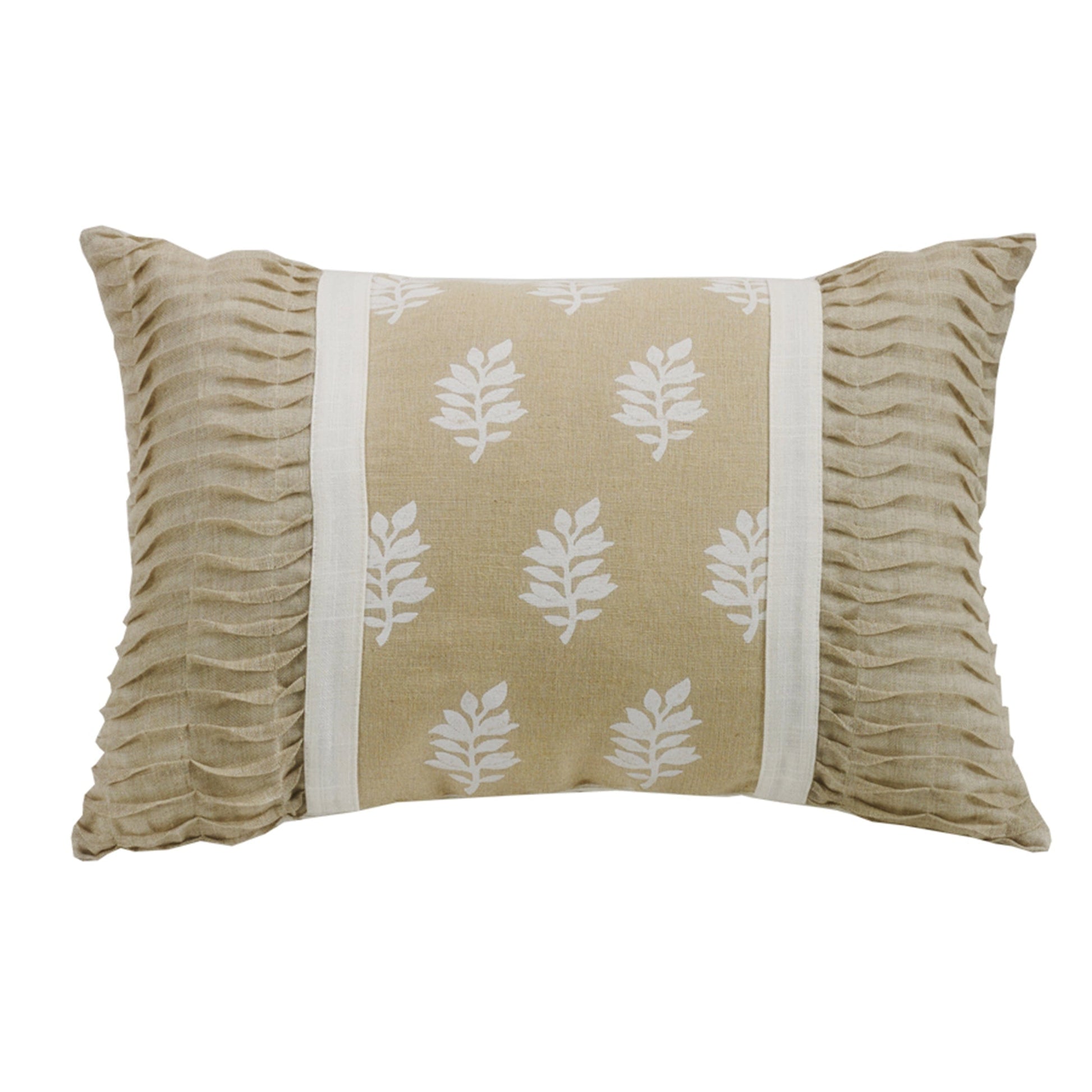 cream woven decorative pillow in a farmhouse cozy bedroom setting