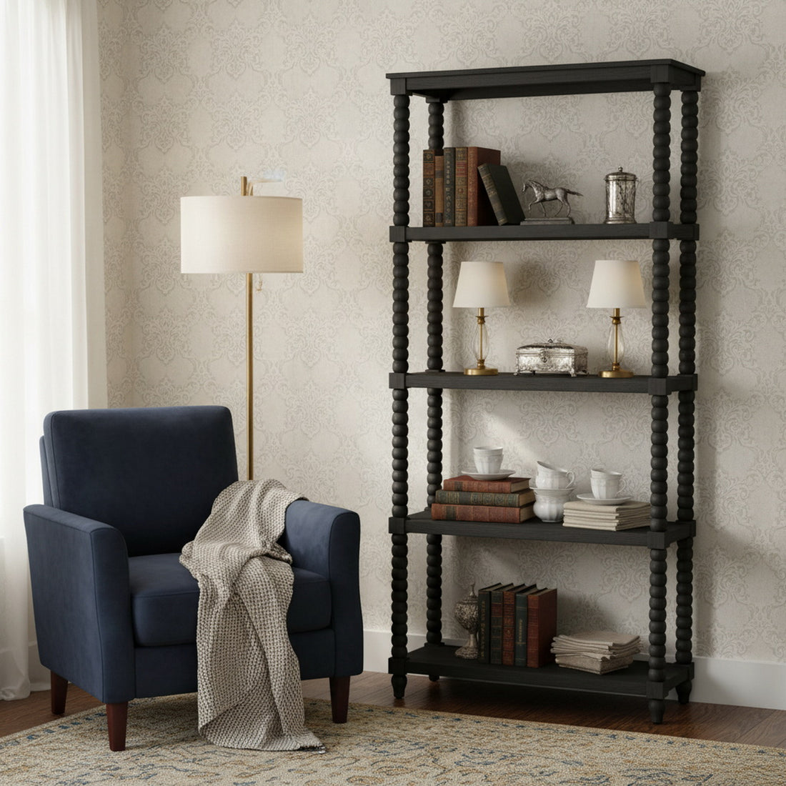 beige plush wall shelf in a coastal guest room setting