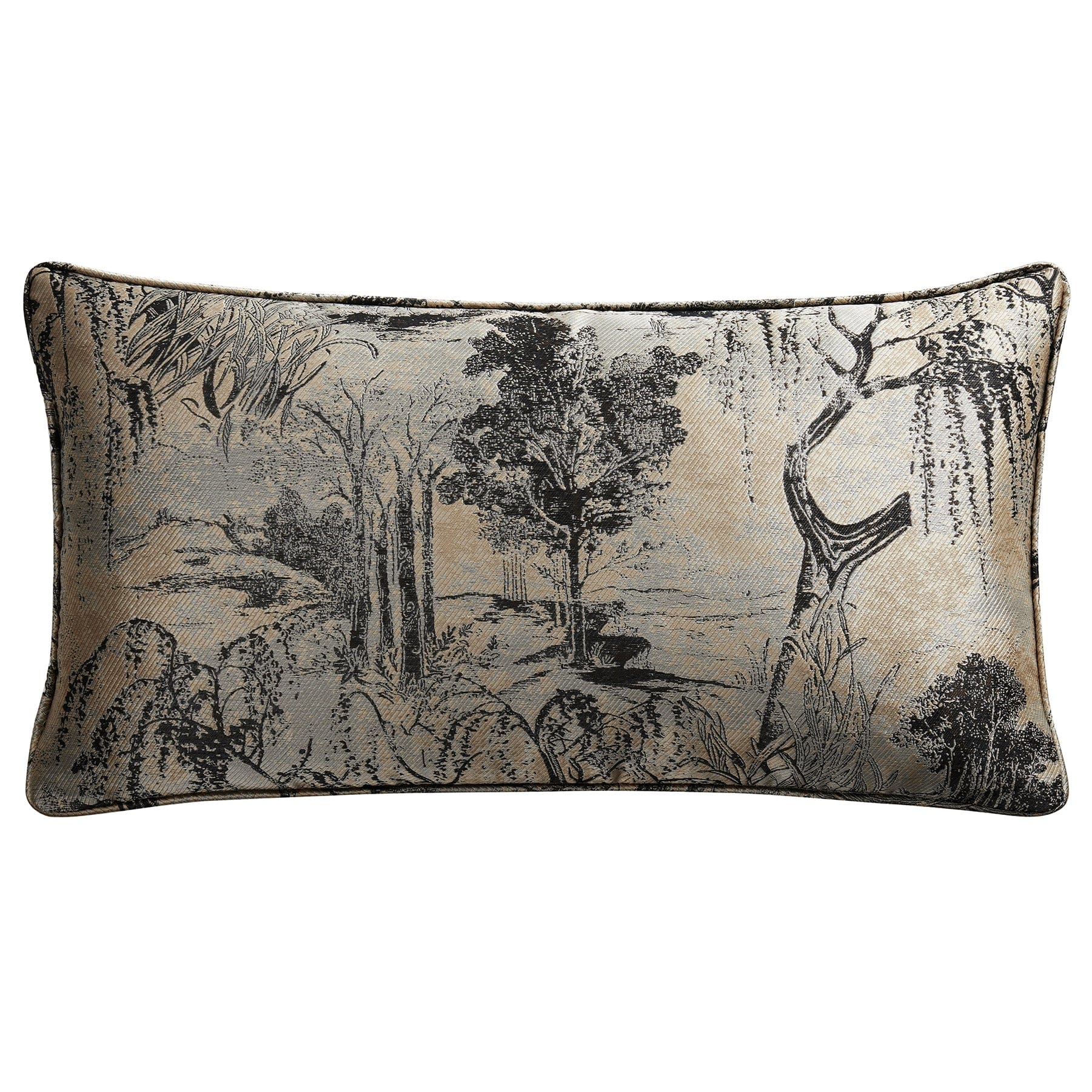 Decorative pillow with nature-themed design on a white background