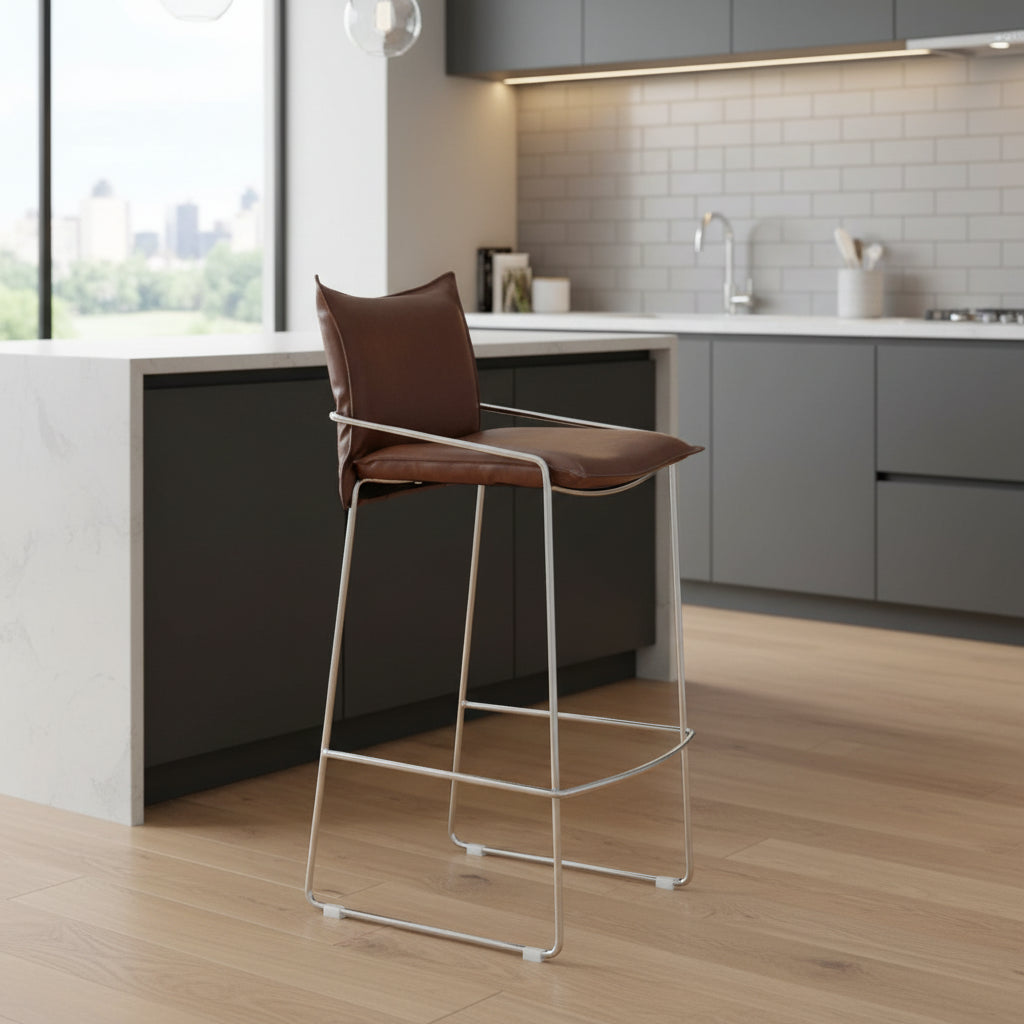 Brown polyester pola bar stool with metal frame on a white background