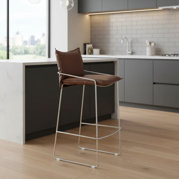 Brown polyester pola bar stool with metal frame on a white background