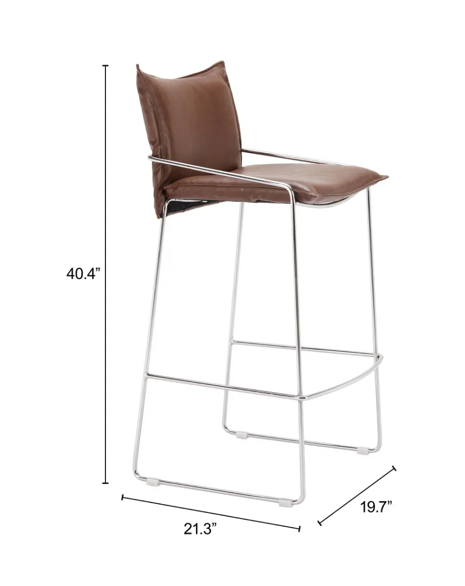 Brown pola bar stool with dimensions labeled on a white background