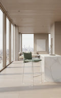 Modern kitchen with a pola bar stool  green and cityscape view
