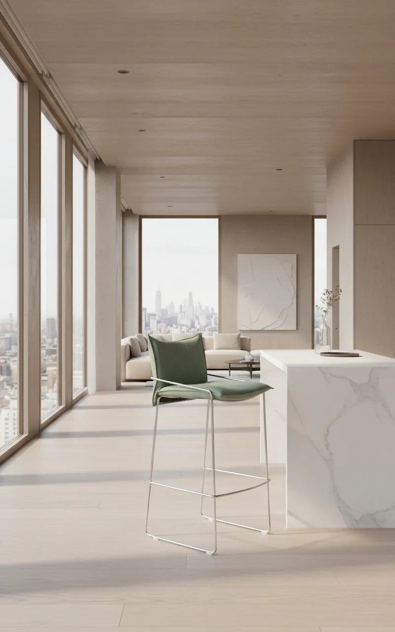 Modern kitchen with a pola bar stool  green and cityscape view