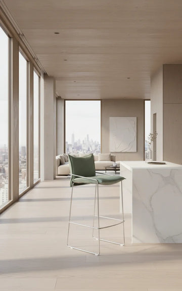 Modern kitchen with a pola bar stool  green and cityscape view
