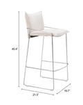 White pola bar stool with dimensions labeled on a white background