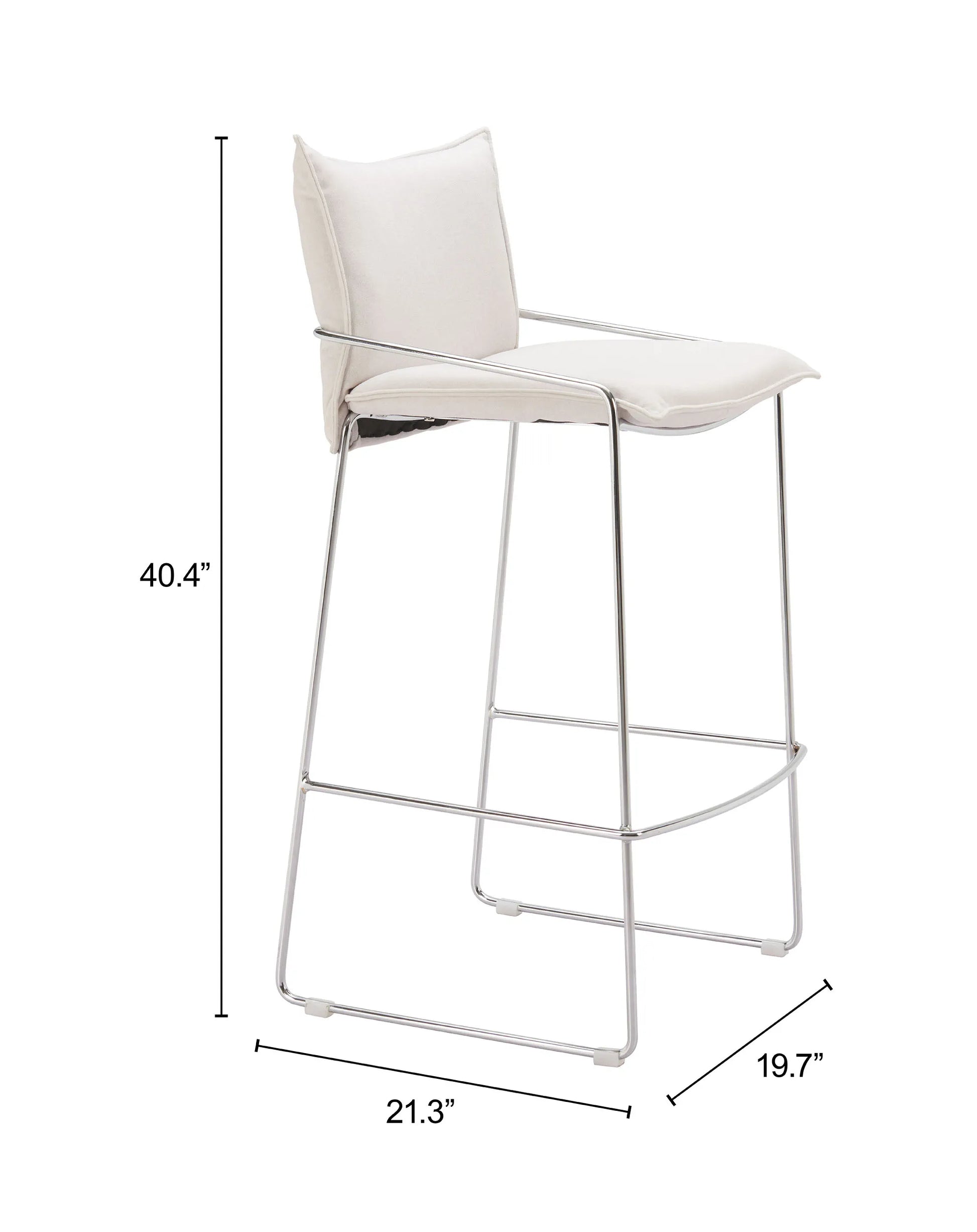 White pola bar stool with dimensions labeled on a white background