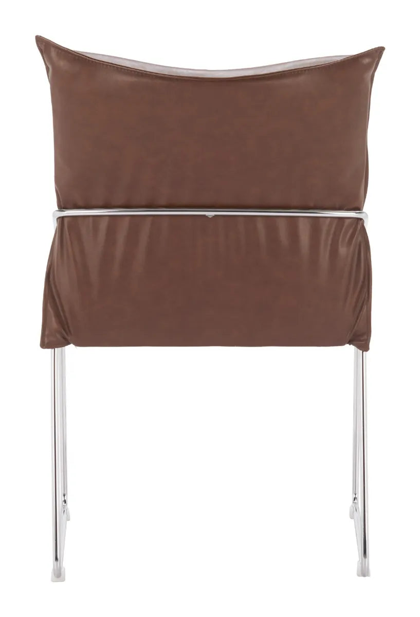 Brown pola dining chair with silver metal legs on a white background