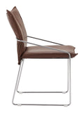 Brown pola dining chair with metal frame on a white background