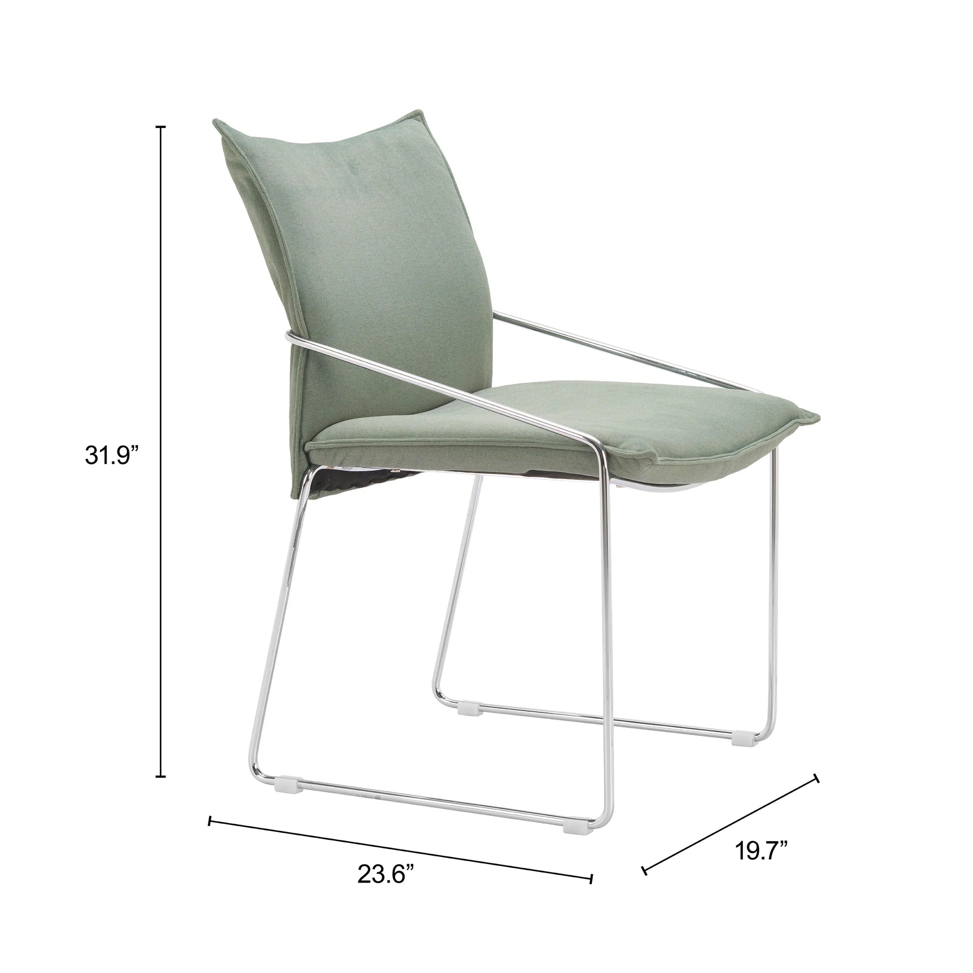 Green pola dining chair with white frame and dimensions on a white background