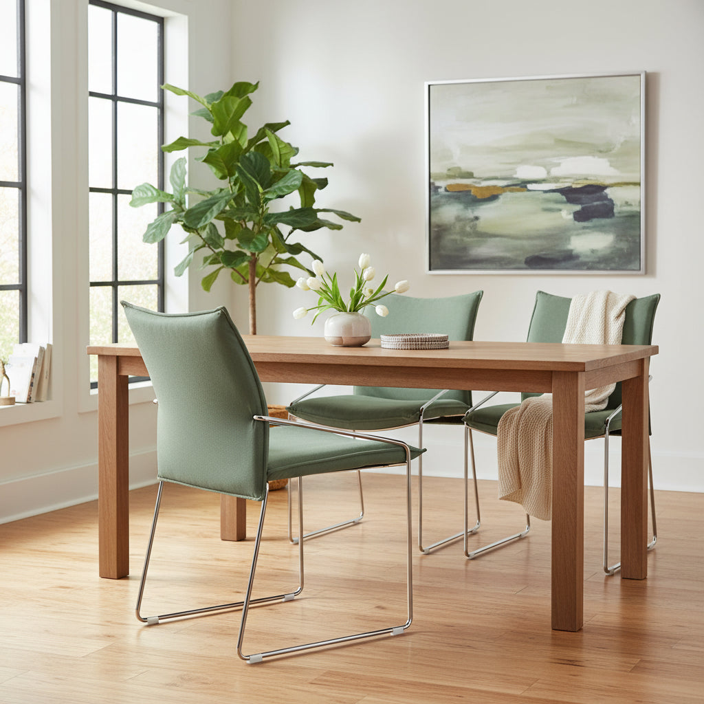 Green oly linen pola dining chair with metal frame on a white background