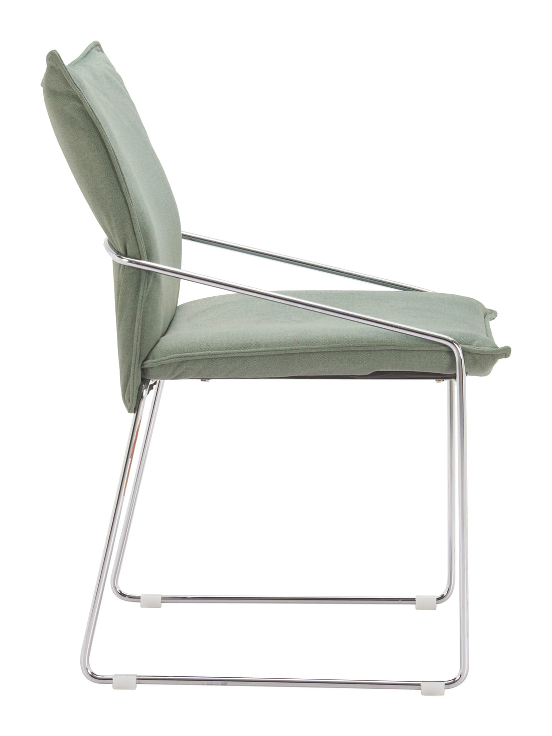 Green oly linen pola dining chair with metal frame on a white background