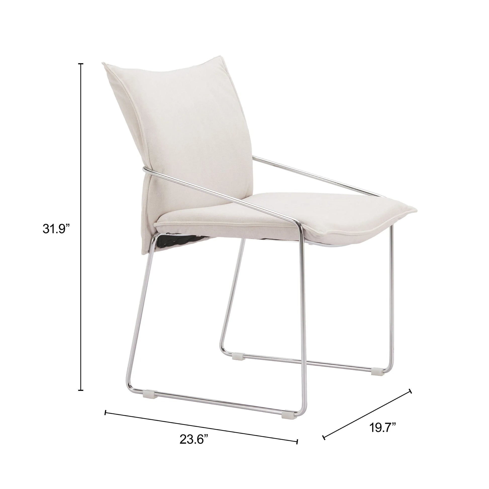 White pola dining chair with dimensions labeled on a white background