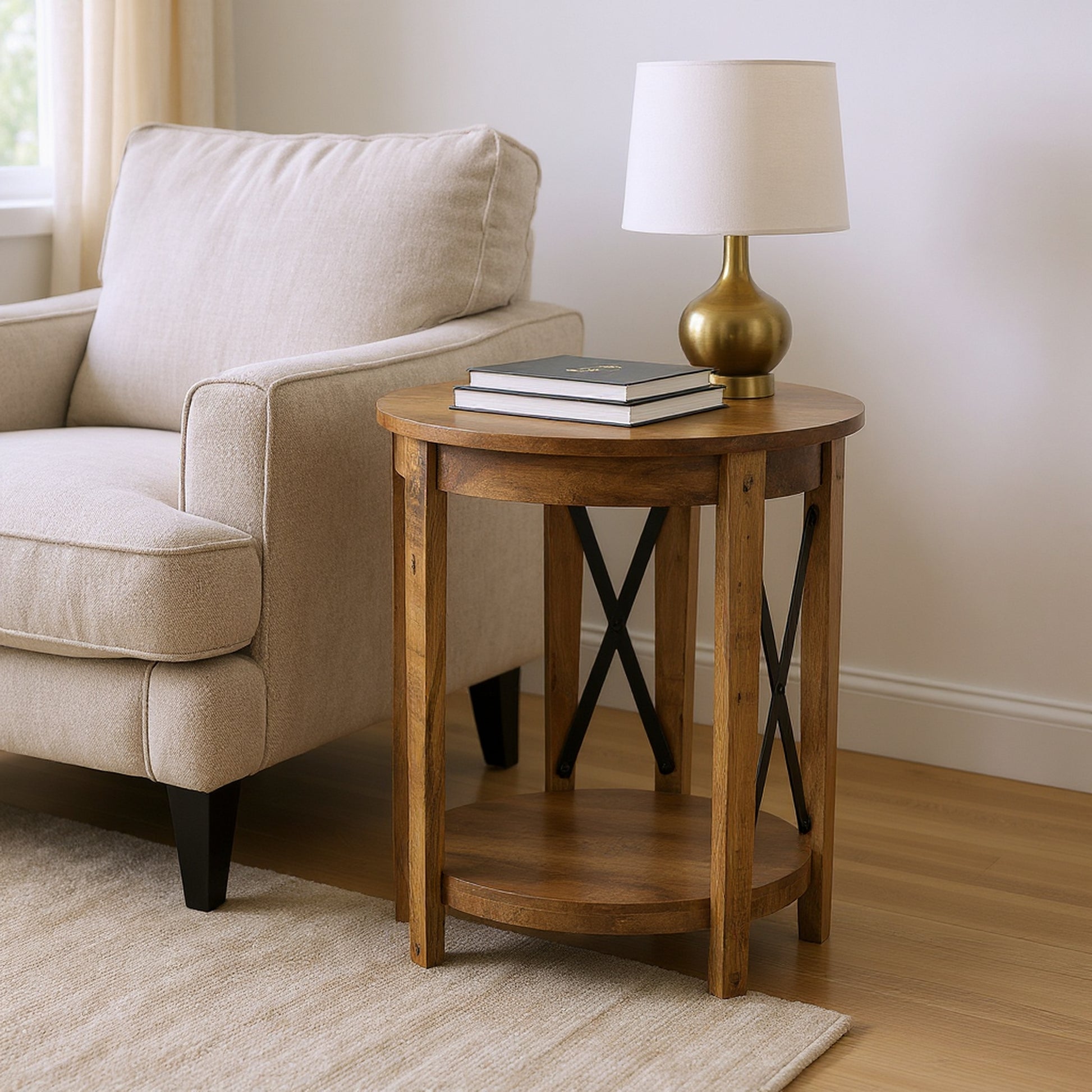 gray canvas accent table in a elegant modern bedroom setting