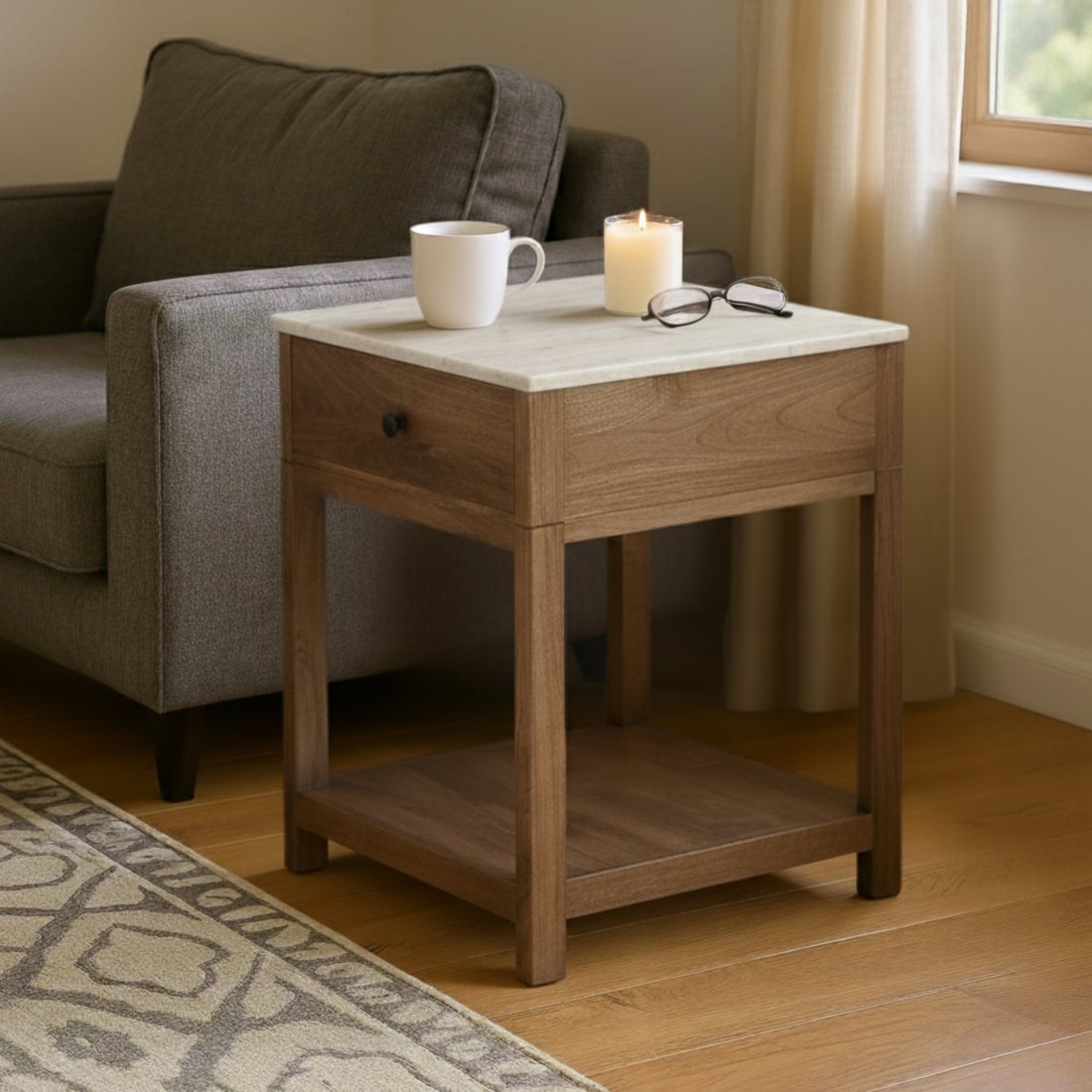 earth-toned fabric accent table in a contemporary cozy bedroom setting