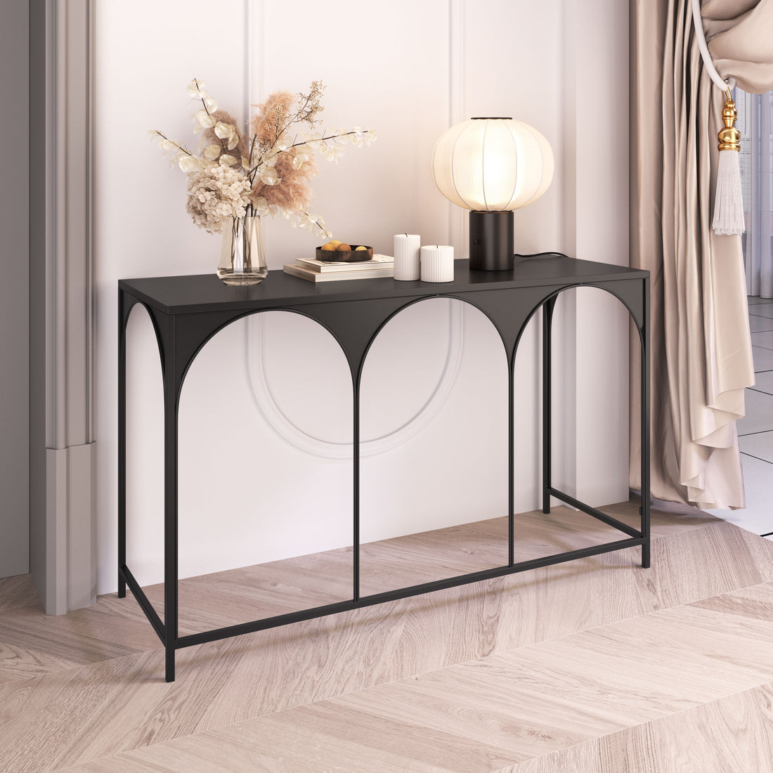 neutral-toned linen accent table in a coastal guest room setting
