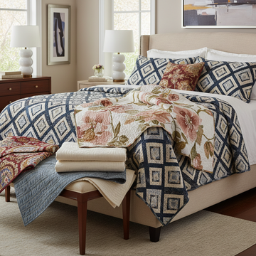 Bedroom with floral and geometric patterned bedding on a bed and chair.