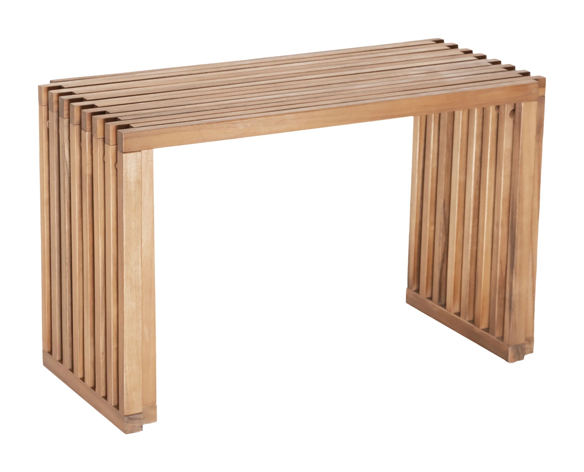 Wooden Riviera Extendable Bench with slatted design on a white background