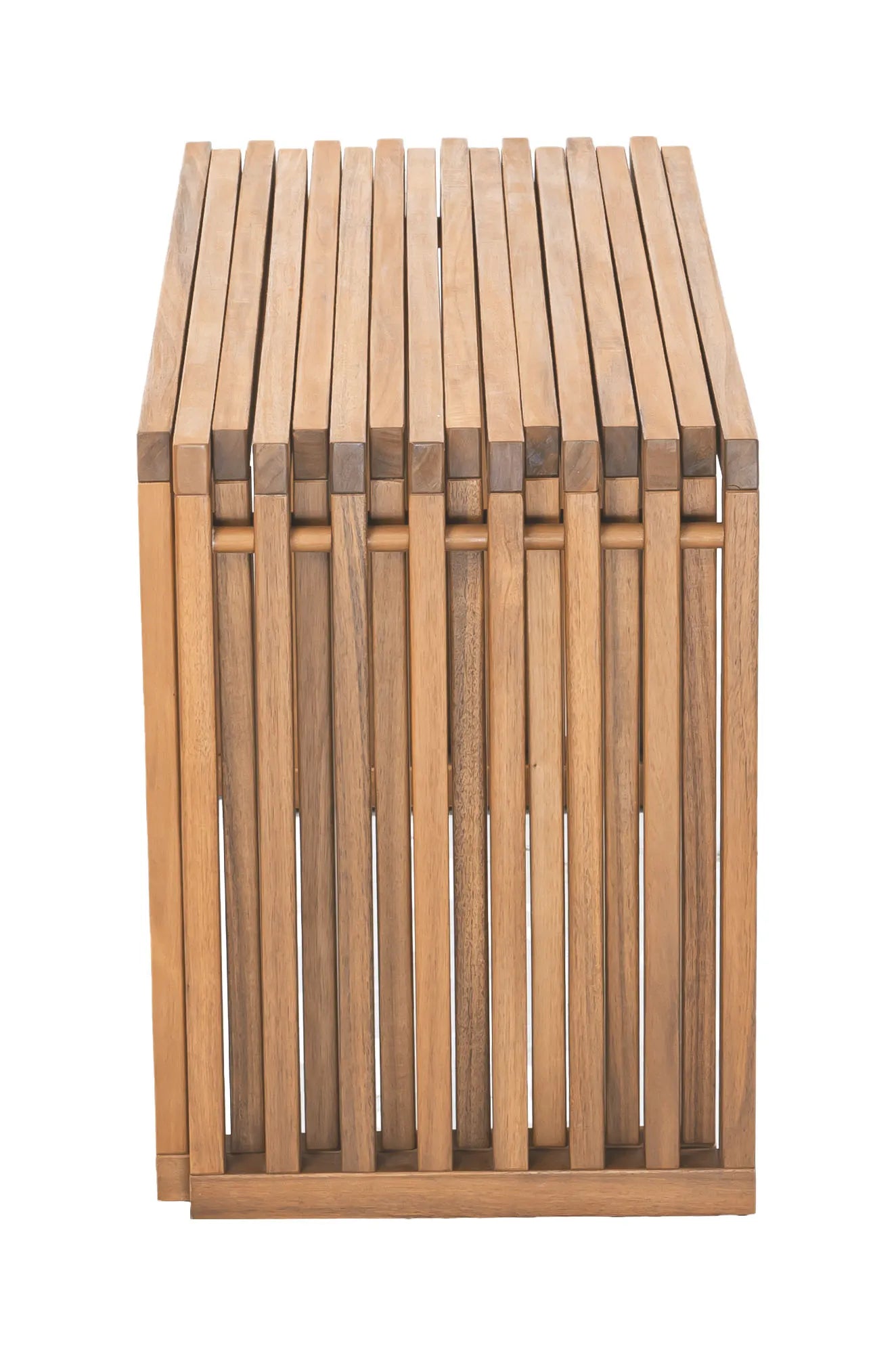 Wooden Riviera Extendable Bench with a slatted design on a white background