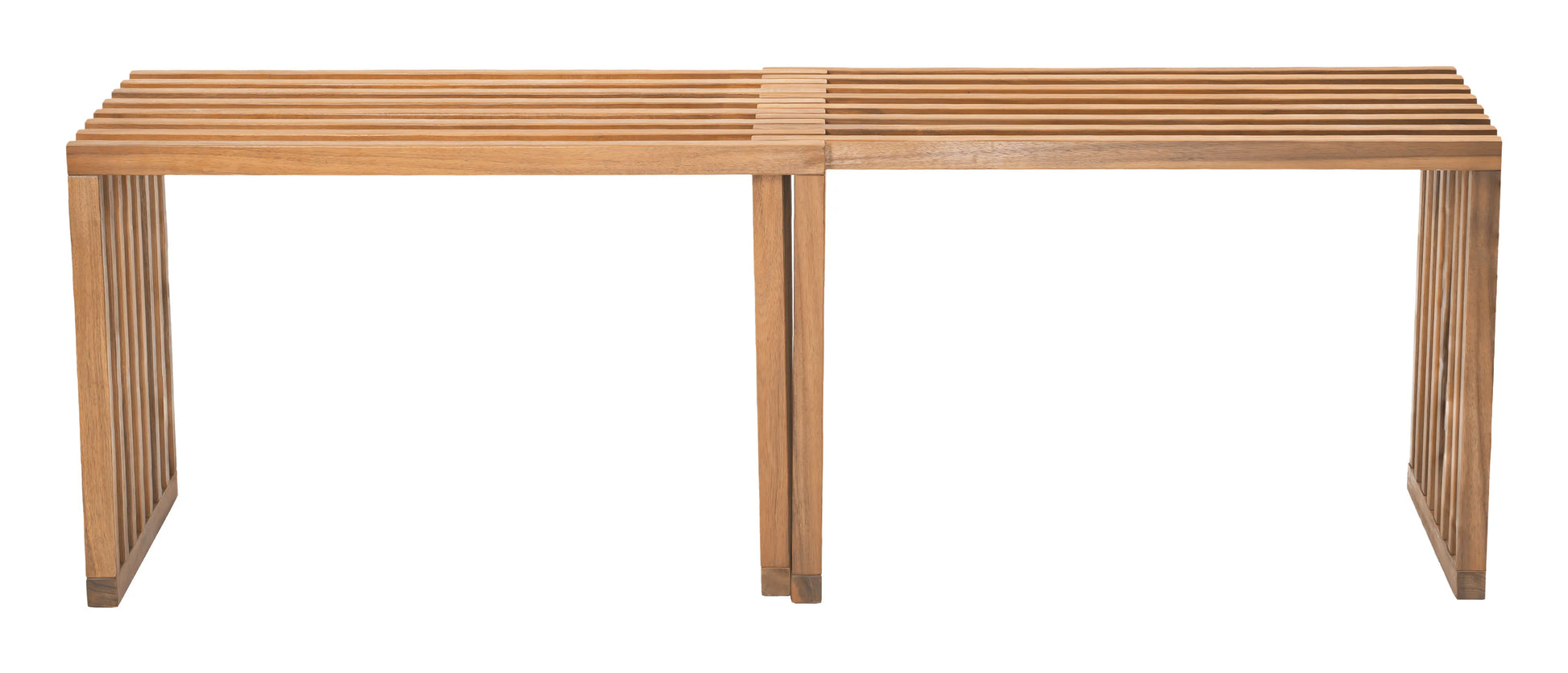 Wooden Riviera Extendable Bench with a slatted design on a white background