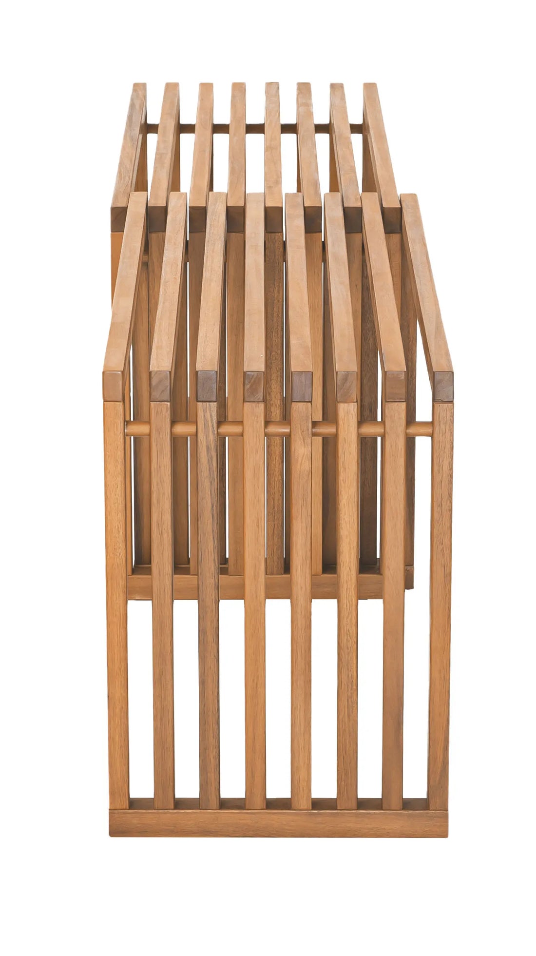 Wooden slatted Riviera Extendable Bench on a white background