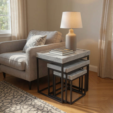 ivory cotton accent table in a modern bedroom setting